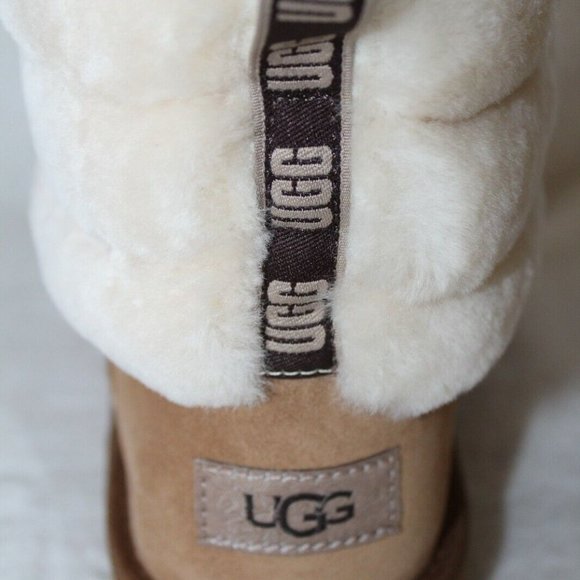 NIB UGG WOMEN'S MINI‎ CUFF FLUFF SUEDE SHEARLING BOOTS CHESTNUT BROWN - Picture 3 of 7